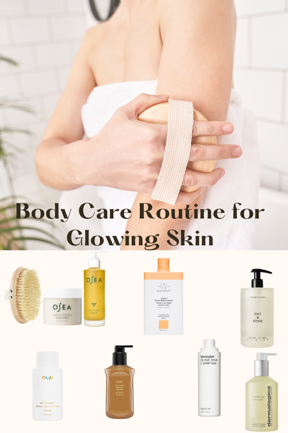 Body care routine for glowing skin featuring natural skincare products and spa elements.