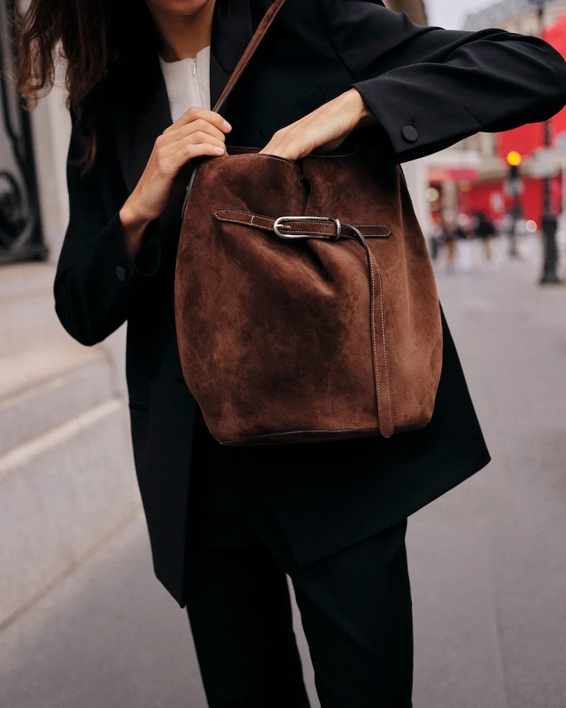 Belted Bucket Bag Large Dark Brown Suede