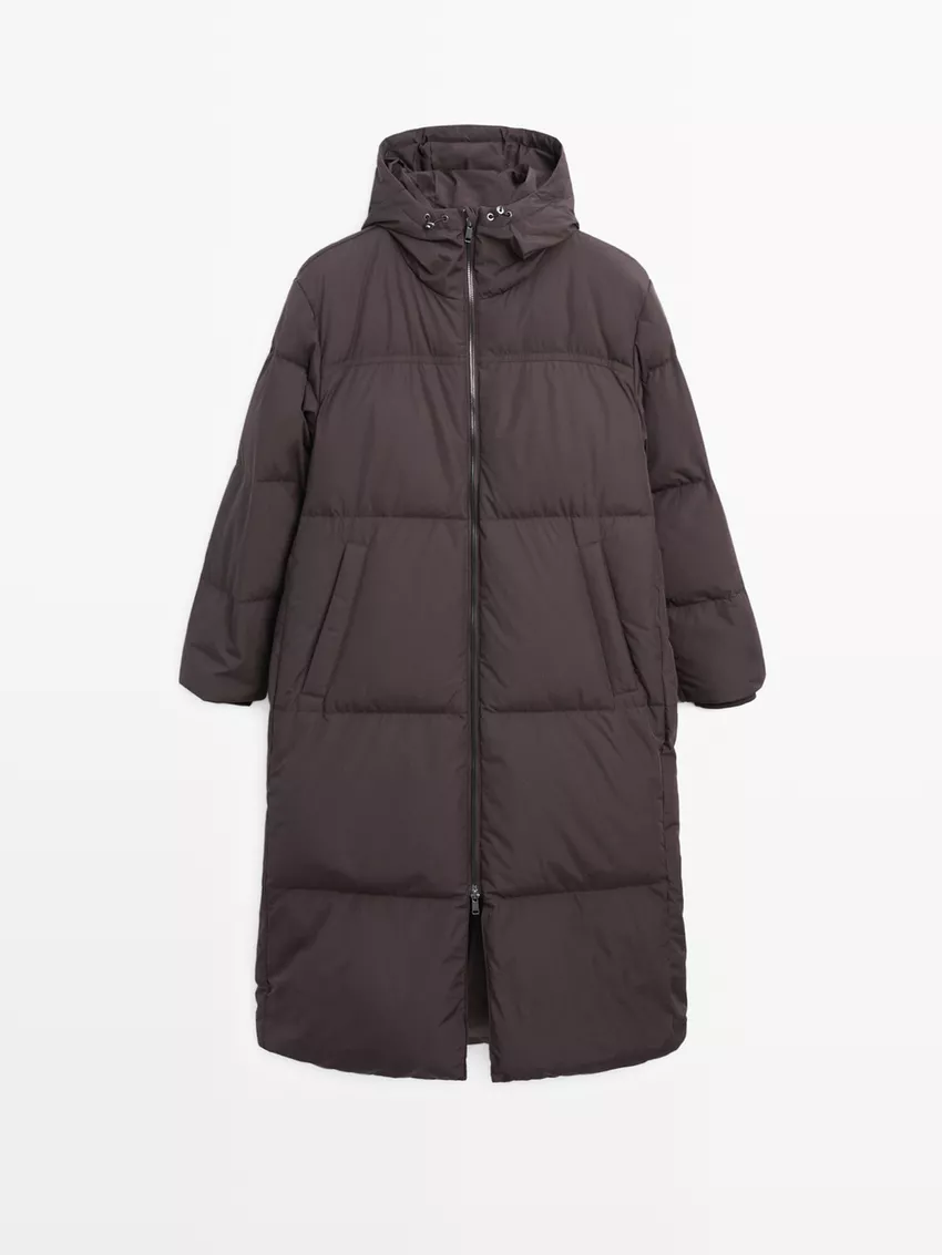 Water-repellent hooded long puffer jacket