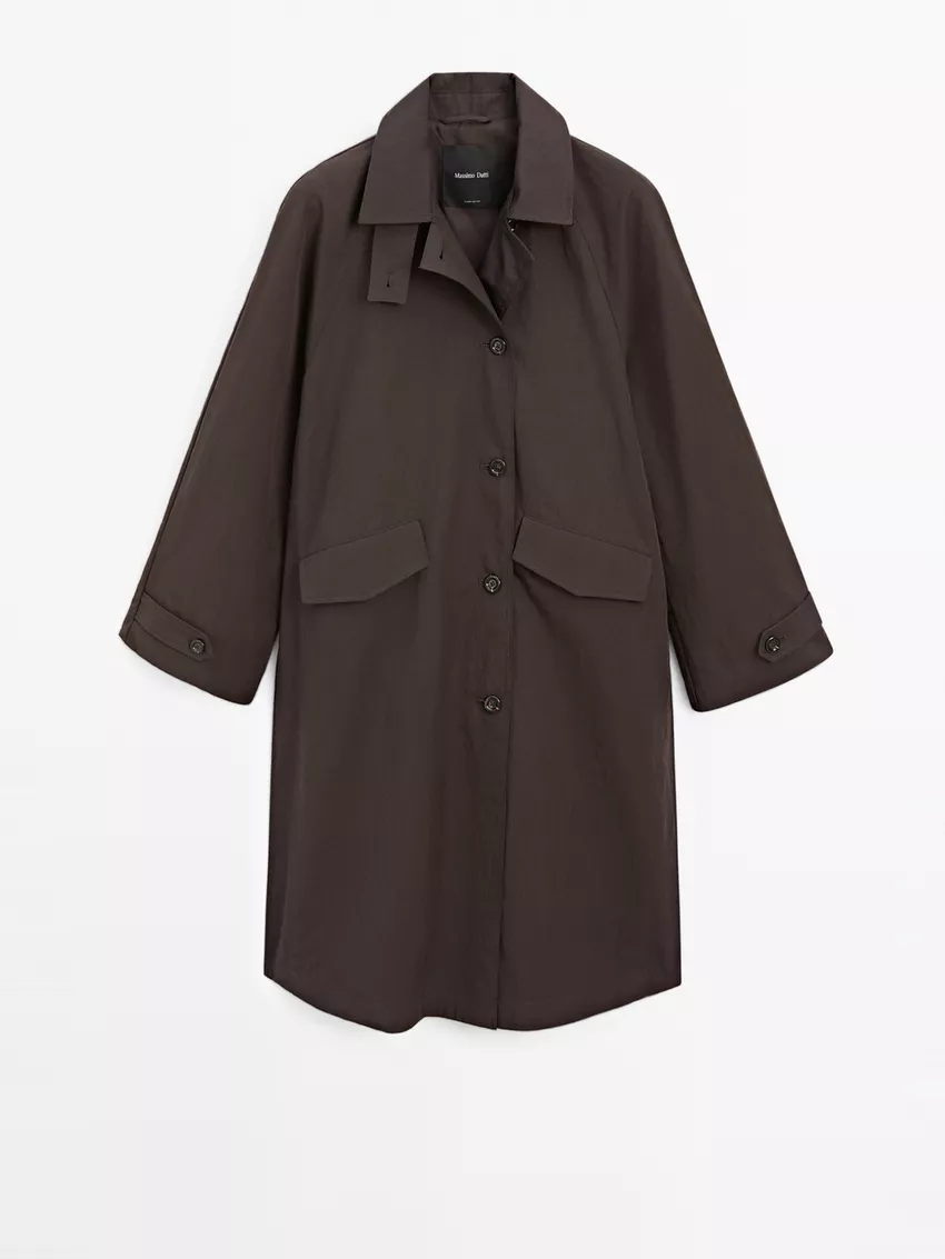 Water-repellent technical fabric trench coat with buttons