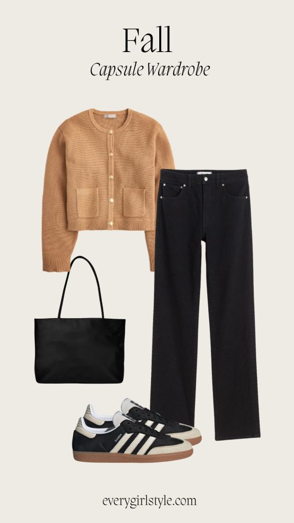 A Fall Capsule Wardrobe,Jacket Cardigan + Jeans + Snaekers Shoes + ToteBag