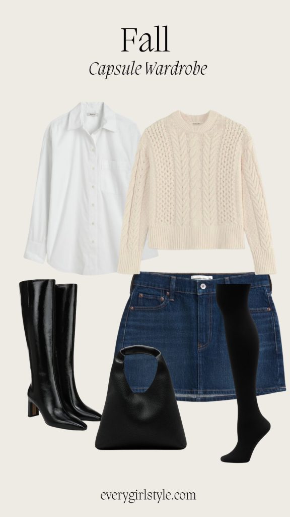 A Fall Capsule Wardrobe,Sweater + Shirt + Denim Mini Skirt +Knee-High Boots