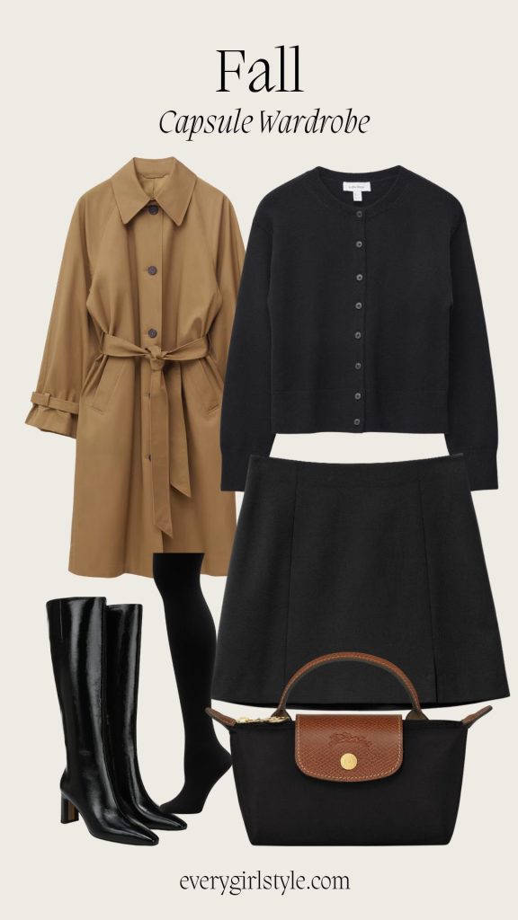 A Fall Capsule Wardrobe, Coat + Cardigan + mini skirt + high Boots +Bag