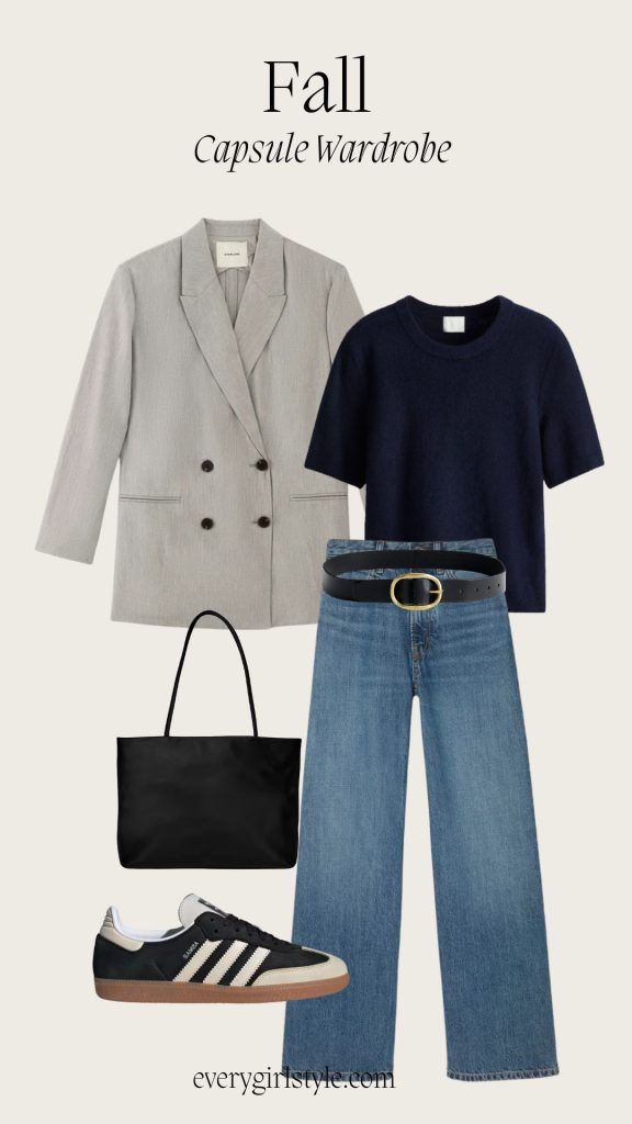 A Fall Capsule Wardrobe,Plaid Blazer + Button-Up +Jeans +Sneaker