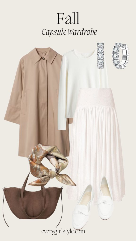 A Fall Capsule Wardrobe,Car Coat + White Skirt + flats shoes